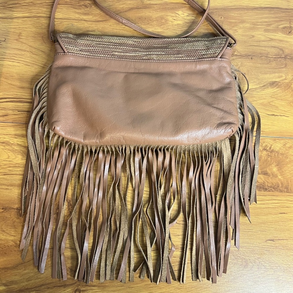 Elliott Lucca Fringe Crossbody Bag Woven Straw Leather Tan Boho Hippie - Picture 8 of 9